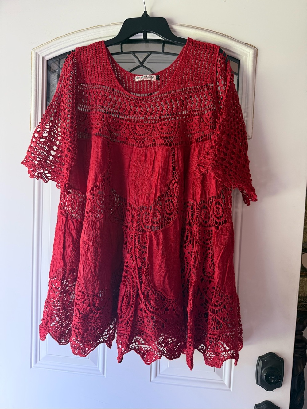 Origami Boho Crochet Lace Tunic Top in Red